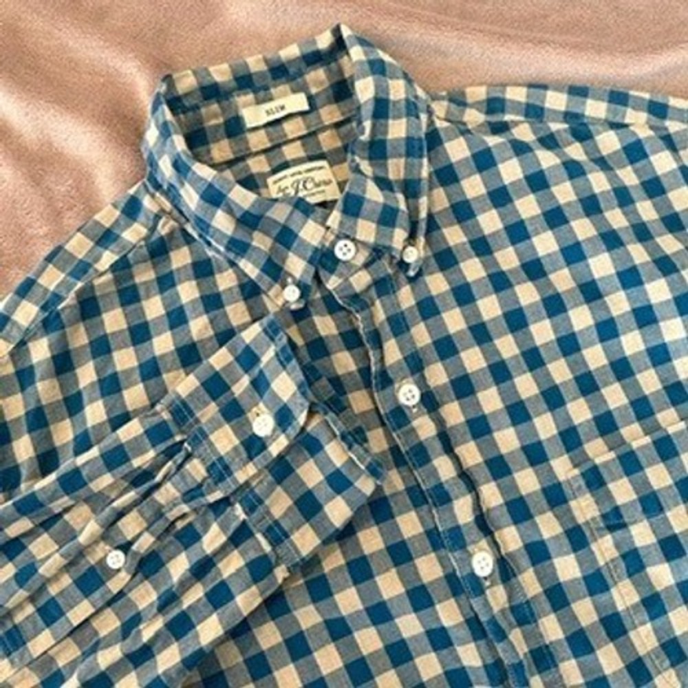 J.Crew Mens Secret Wash Gingham Button Down Shirt Blue Tan H4714 Medium Preppy